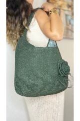 Tamamen kağıt iple örülmüş el yapımı gül desenli yeşil mint kadın heybe kol omuz çantası