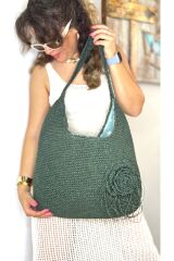 Tamamen kağıt iple örülmüş el yapımı gül desenli yeşil mint kadın heybe kol omuz çantası