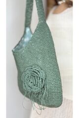 Tamamen kağıt iple örülmüş el yapımı gül desenli yeşil mint kadın heybe kol omuz çantası