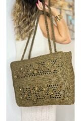 Tamamen kağıt iple örülmüş her iki tarafı da çiçek ve ahşap boncuk işlemeli plaj çantası