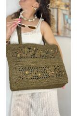 Tamamen kağıt iple örülmüş her iki tarafı da çiçek ve ahşap boncuk işlemeli plaj çantası