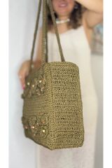 Tamamen kağıt iple örülmüş her iki tarafı da çiçek ve ahşap boncuk işlemeli plaj çantası