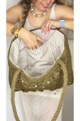 Tamamen kağıt iple örülmüş her iki tarafı da çiçek ve ahşap boncuk işlemeli plaj çantası