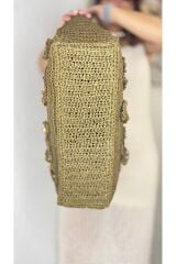 Tamamen kağıt iple örülmüş her iki tarafı da çiçek ve ahşap boncuk işlemeli plaj çantası