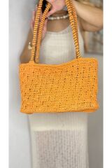 Tamamen kağıt ip el işçiliği önü çiçek süslemeli içi astarlı kadın turuncu kol omuz çantası