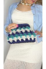 Makrome ip el yapımı kadın Hawaii yaprak desenli mavi yeşil el çantası portföy