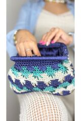 Makrome ip el yapımı kadın Hawaii yaprak desenli mavi yeşil el çantası portföy