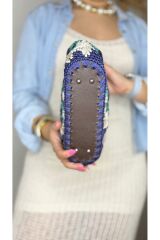 Makrome ip el yapımı kadın Hawaii yaprak desenli mavi yeşil el çantası portföy