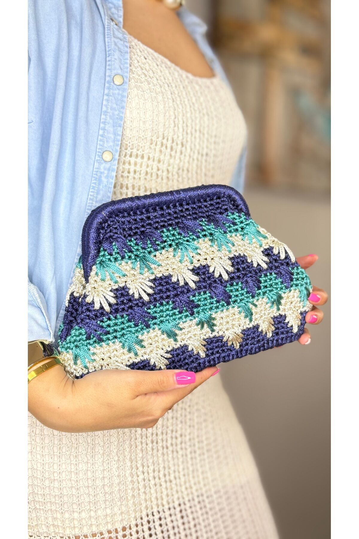 Makrome ip el yapımı kadın Hawaii yaprak desenli mavi yeşil el çantası portföy