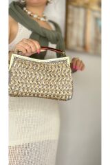 Makrome ip ile el işçiliği kadın simli bej ekru el çantası portföy clutch