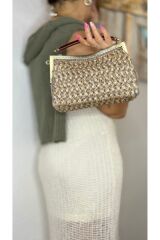Makrome ip ile el işçiliği kadın simli bej ekru el çantası portföy clutch
