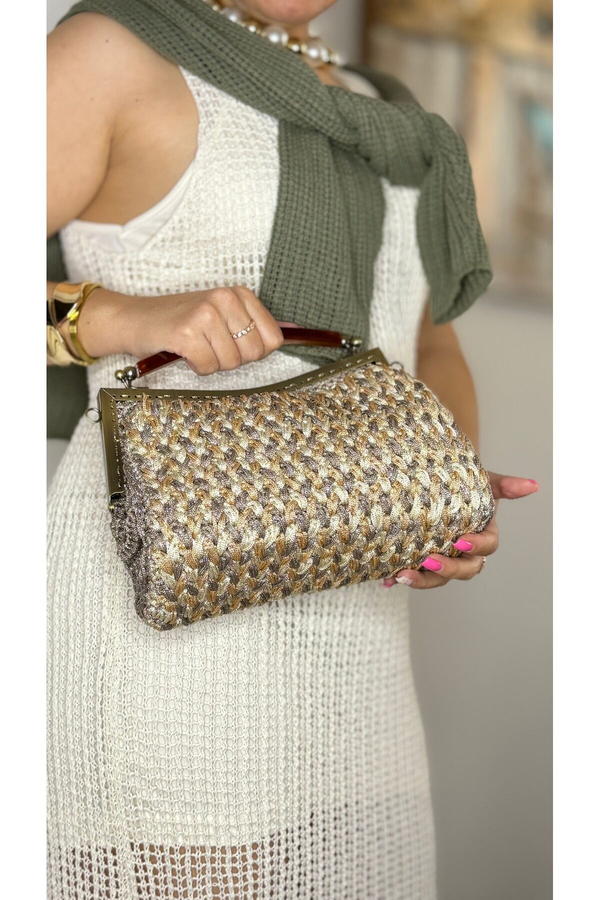 Makrome ip ile el işçiliği kadın simli bej ekru el çantası portföy clutch