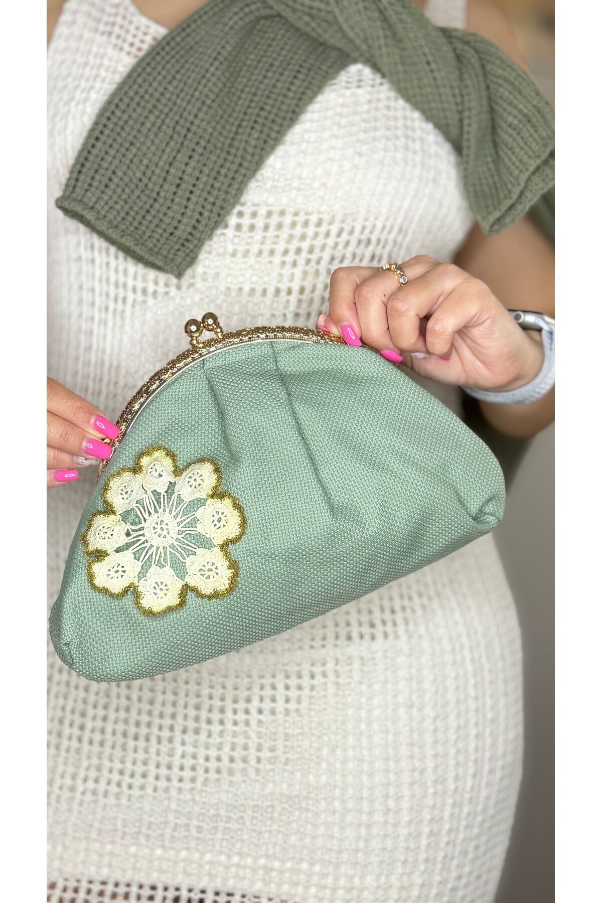 Keten kumaş dantel işlemeli el yapımı kadınsu yeşili el çantası clutch portföy