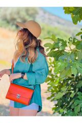 %100 Hakiki Deri El Yapımı Turuncu Orange Kadın Kilitli Postacı Çanta Omuz Askılı Çanta