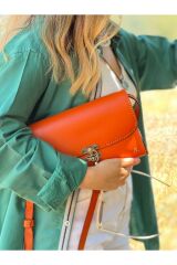 %100 Hakiki Deri El Yapımı Turuncu Orange Kadın Kilitli Postacı Çanta Omuz Askılı Çanta