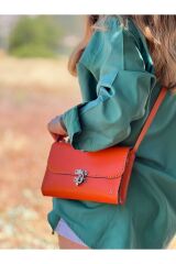 %100 Hakiki Deri El Yapımı Turuncu Orange Kadın Kilitli Postacı Çanta Omuz Askılı Çanta