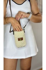 %100 gerçek deri tamamen el örgüsü hasır  postacı çapraz kadın ekru taba yazlık omuz çantası