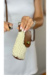 %100 gerçek deri tamamen el örgüsü hasır  postacı çapraz kadın ekru taba yazlık omuz çantası