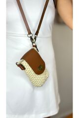 %100 gerçek deri tamamen el örgüsü hasır  postacı çapraz kadın ekru taba yazlık omuz çantası