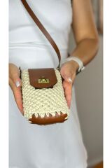 %100 gerçek deri tamamen el örgüsü hasır  postacı çapraz kadın ekru taba yazlık omuz çantası