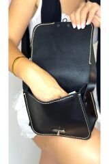 %100 Gerçek Deri El Yapımı Kadın Siyah Postacıomuz Askılı Çapraz Çanta