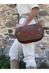 % 100 Hakiki Deri Çiçek Detaylı El Yapımı Deri Çanta Deri Postacı Çanta