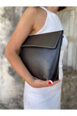 % 100 Hakiki Deri El Yapımı Kadın Erkek Unisex Askılı Siyah Portföy Clutch El Çantası