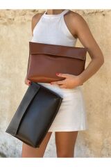 % 100 Hakiki Deri El Yapımı Kadın Erkek Unisex Askılı Siyah Portföy Clutch El Çantası