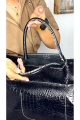 %100 Gerçek Deri El Yapımı Ayarlanabilir Omuz Askılı Kadın Siyah Valiz Timsah Desenli El Çantası