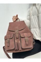 %100 Nubuk Deri Tamamıyla El Işçiliği Çift Cepli Sırt Çantası