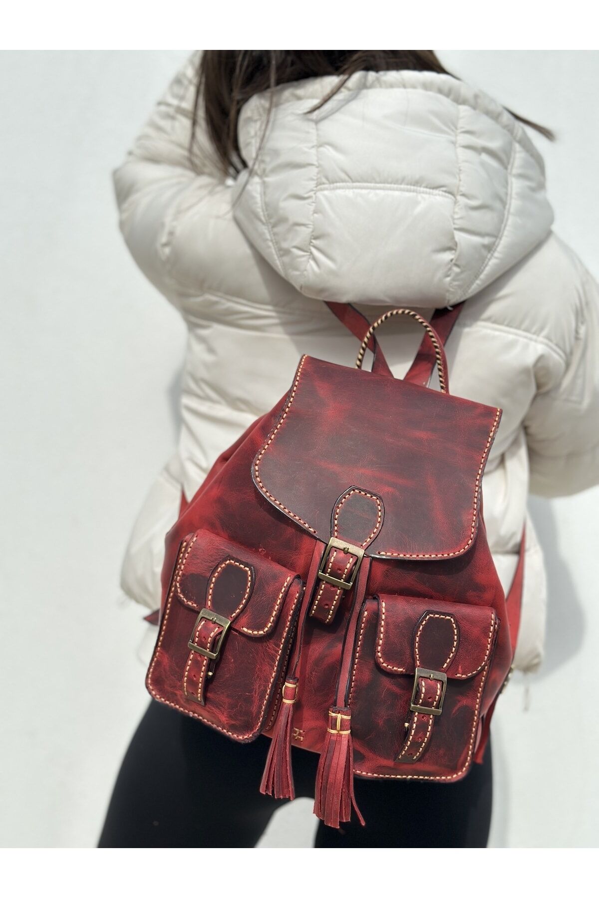 %100 Crazy Deri Tamamıyla El Işçiliği Çift Cepli Sırt Çantası