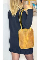 % 100 Hakiki Deri El Yapımı Kadın Kol Omuz Çantası Mıknatıs Kapamalı Gerçek Deri Sarı El Çantası