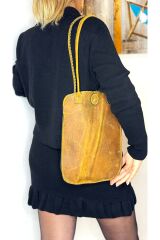 % 100 Hakiki Deri El Yapımı Kadın Kol Omuz Çantası Mıknatıs Kapamalı Gerçek Deri Sarı El Çantası