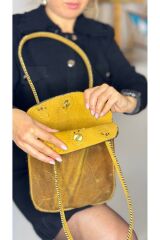 % 100 Hakiki Deri El Yapımı Kadın Kol Omuz Çantası Mıknatıs Kapamalı Gerçek Deri Sarı El Çantası