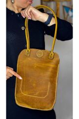 % 100 Hakiki Deri El Yapımı Kadın Kol Omuz Çantası Mıknatıs Kapamalı Gerçek Deri Sarı El Çantası