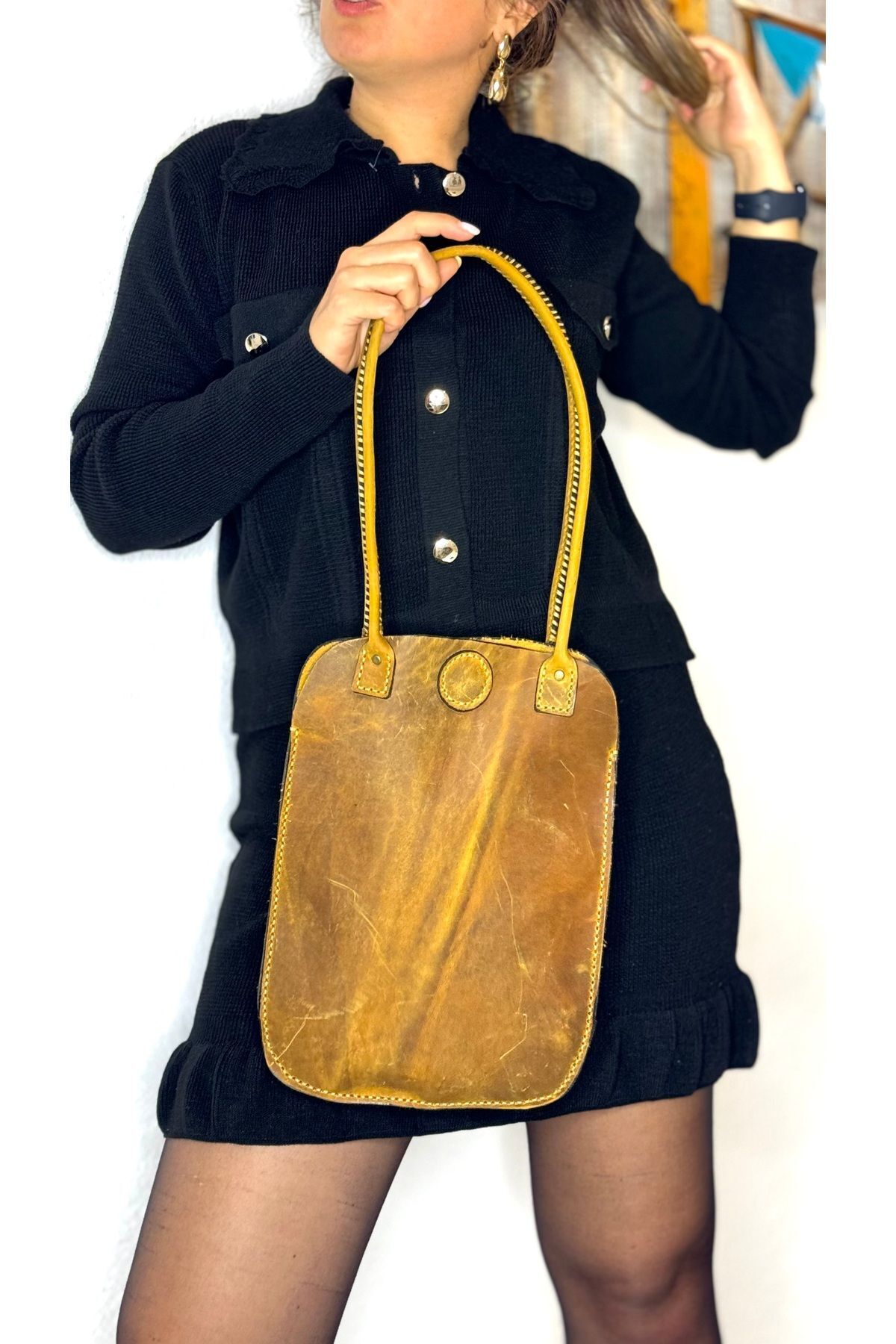 % 100 Hakiki Deri El Yapımı Kadın Kol Omuz Çantası Mıknatıs Kapamalı Gerçek Deri Sarı El Çantası