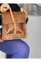 % 100 Hakiki Deri El Yapımı Kahverengi Çanta Postacı Çanta Ayarlanabilir Omuz Askısı 2 Cepli çanta