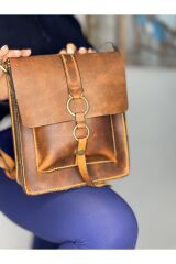 % 100 Hakiki Deri El Yapımı Kahverengi Çanta Postacı Çanta Ayarlanabilir Omuz Askısı 2 Cepli çanta