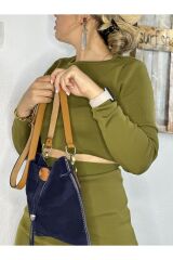 % 100 Gerçek Süet Deri El Yapımı Taba Omuz Askılı Kadın Lacivert Büzgülü Kese Bel Çantası