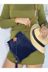 % 100 Gerçek Süet Deri El Yapımı Taba Omuz Askılı Kadın Lacivert Büzgülü Kese Bel Çantası