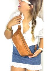 % 100 Hakiki Deri El Yapımı Kanvas Kemerli Kadın Erkek Unisex TABA Fermuarlı Bel Çantası Freebag