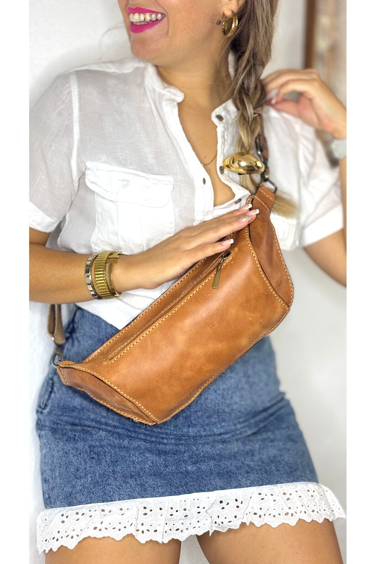 % 100 Hakiki Deri El Yapımı Kanvas Kemerli Kadın Erkek Unisex TABA Fermuarlı Bel Çantası Freebag