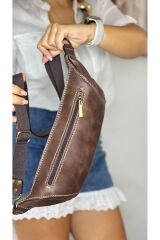 %100 Hakiki Deri El Yapımı Kanvas Kemerli Kahverengi Deri Freebag Bel Çantası