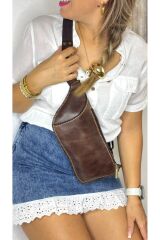 %100 Hakiki Deri El Yapımı Kanvas Kemerli Kahverengi Deri Freebag Bel Çantası