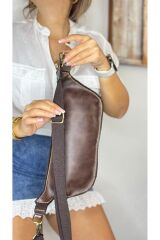 %100 Hakiki Deri El Yapımı Kanvas Kemerli Kahverengi Deri Freebag Bel Çantası