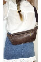 %100 Hakiki Deri El Yapımı Kanvas Kemerli Kahverengi Deri Freebag Bel Çantası