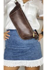 %100 Hakiki Deri El Yapımı Kanvas Kemerli Kahverengi Deri Freebag Bel Çantası