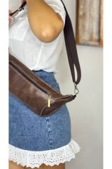 %100 Hakiki Deri El Yapımı Kanvas Kemerli Kahverengi Deri Freebag Bel Çantası