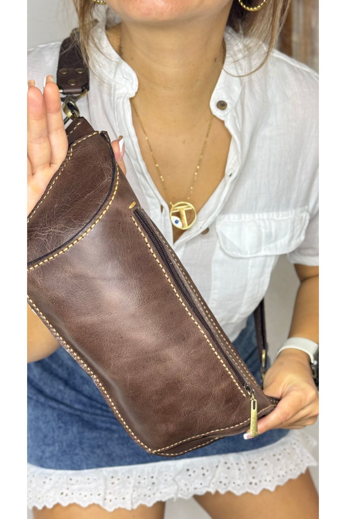 %100 Hakiki Deri El Yapımı Kanvas Kemerli Kahverengi Deri Freebag Bel Çantası