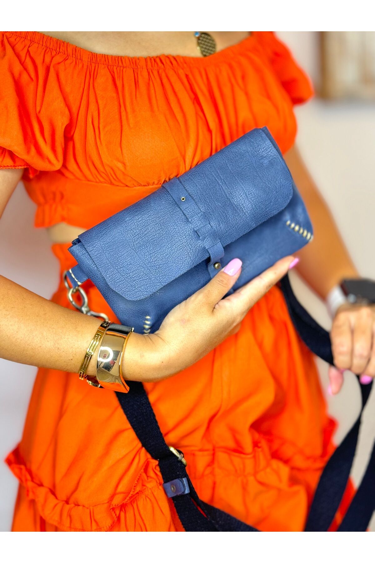 % 100 Hakiki Deri El Yapımı Kadın Erkek Unisex Lacivert Bel Çantası El Çantası Freebag